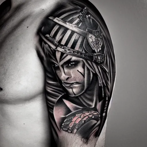 Image similar to medium shot of a gladiator wearing a galea, tattoo, tattoo art, Black and grey tattoo style