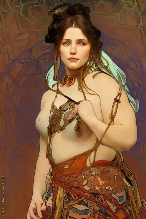 Image similar to portrait of a beautiful chonky young female warrior in the middle of a fight as drawn by by loish, alphonse mucha, thomas moran, mandy jurgens, fashion photography 8 k subsurface scattering, soft light