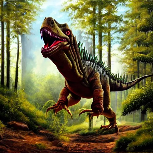 Prompt: hyper realistic oil painting of a dinosaur screaming the back home is a forest