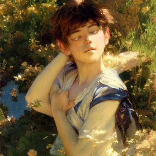 Prompt: fine art portrait of anime boy summer graceful, eyes closed, painting by gaston bussiere, craig mullins, j. c. leyendecker