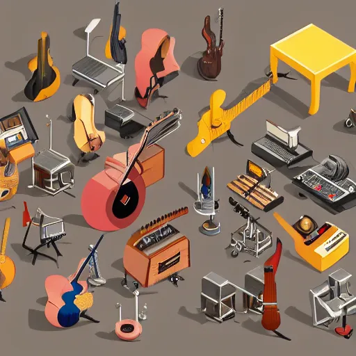 Image similar to isometric view of a large instrument machine, rube goldberg style, made of instruments, guitar, drum, beautiful