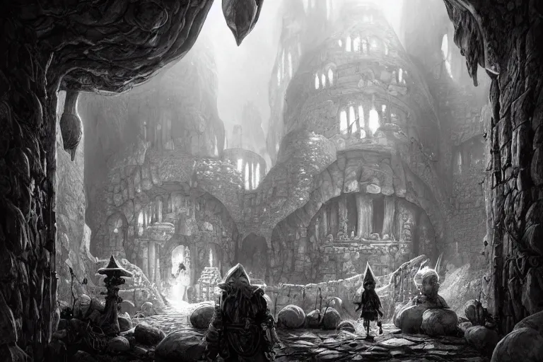 Image similar to black and white one point perspective dungeon cozy fantasy dungeon The mushroom adventurer Fira and their plain conference of trolls are hiding in the ancient stable. artgerm and Craig Mullins, James Jean, Andrey Ryabovichev, Mark Simonetti and Peter Morbacher 16k