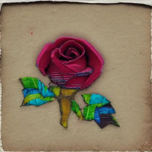 Prompt: photo of an intricately detailed representation of a accurate rose. Colored synthetic polymer blended with colored torn fabrics miniature on found newspaper.