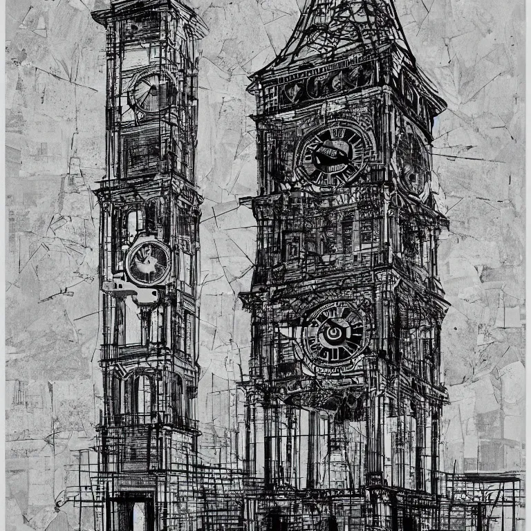 Image similar to a black and white drawing of a clock tower, a screenprint by robert rauschenberg, behance contest winner, deconstructivism, da vinci, constructivism, greeble