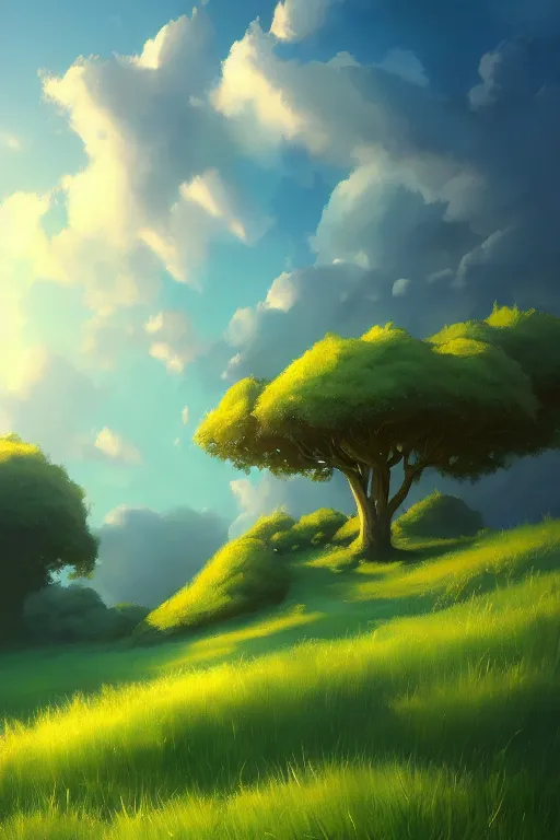 Prompt: grassy hills trees flowers and fantasy sky, through clouds blue sky, andreas rocha style trending on artstaton