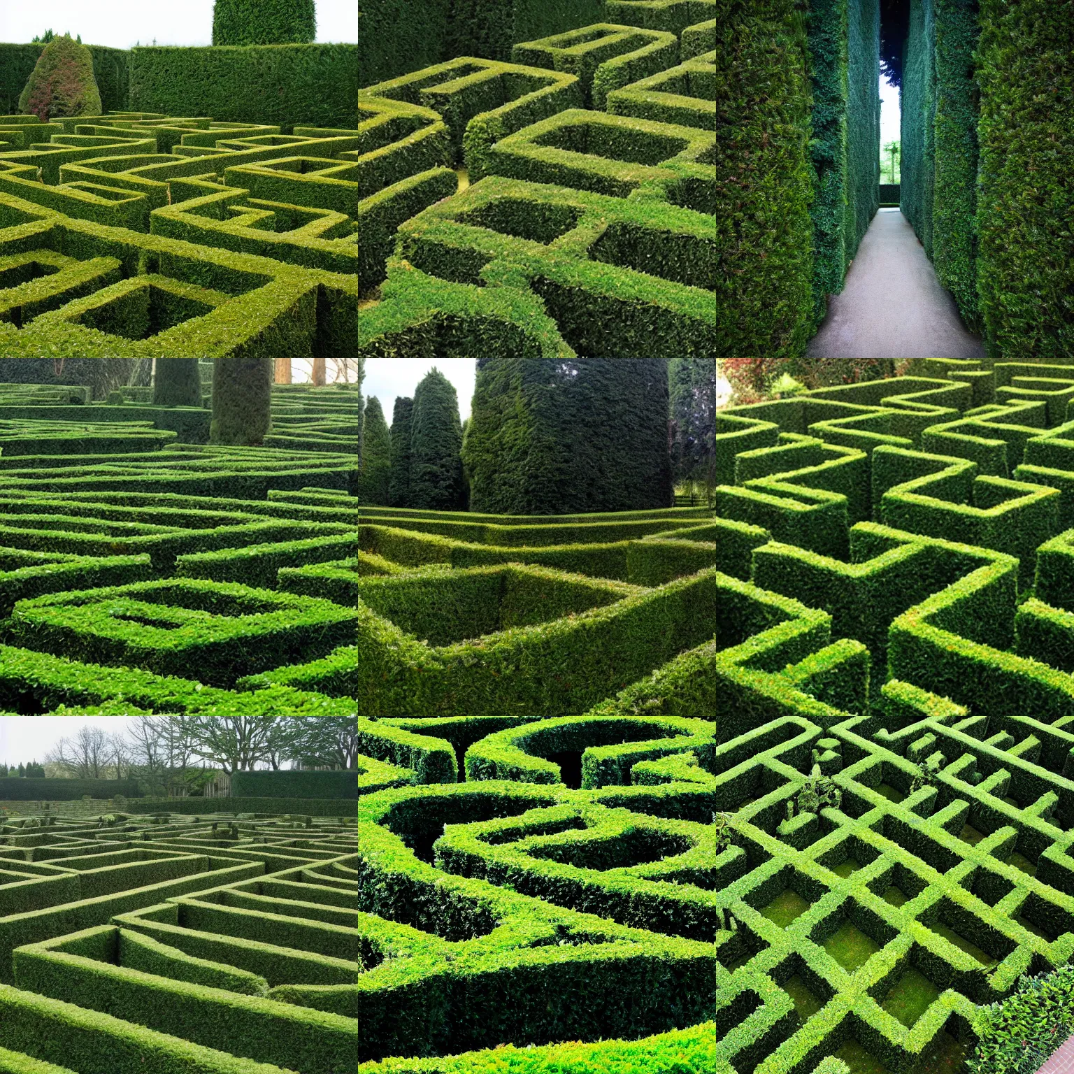 Prompt: panoramic photo of a hedge maze