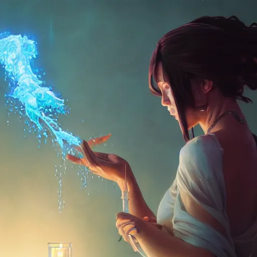 Image similar to mage casting a water spell, highly detailed vfx portrait, unreal engine, greg rutkowski, loish, rhads, beeple, makoto shinkai and lois van baarle, ilya kuvshinov, rossdraws, tom bagshaw, alphonse mucha, global illumination, detailed and intricate environment