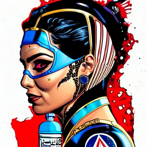 Image similar to a profile photo of a egyptian woman with a diving oxygen mask with side profile blood in ocean intricate details by MARVEL comics and Sandra Chevrier-C