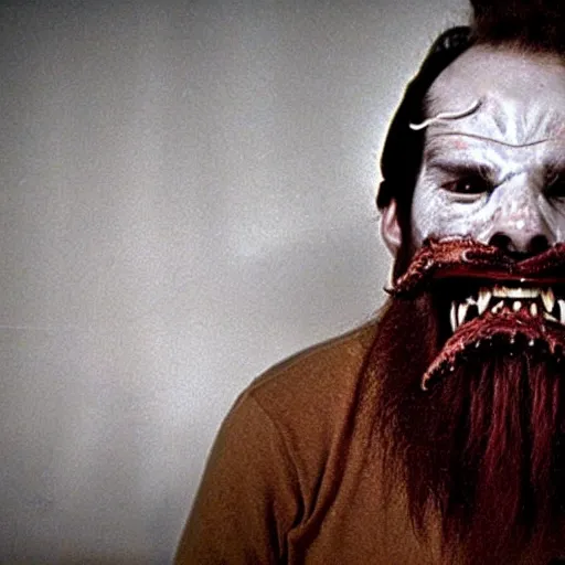 Prompt: bearded man with living teeth and tentacles in the style of the horror film The Thing 1982. Filmic.