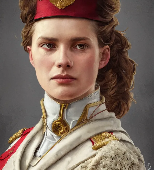 Image similar to portrait of an swiss woman wearing a traditional nineteenth century swiss empire military uniform, metal shoulder pauldrons, intricate, highly detailed, digital painting, artstation, concept art, sharp focus, cinematic lighting, illustration, art by artgerm and greg rutkowski, alphonse mucha, cgsociety