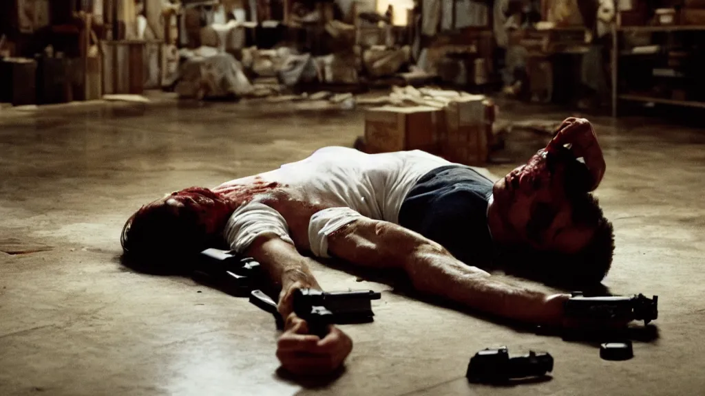 Prompt: film still of a wounded man in a white shirt laying in a warehouse next to a gun on the ground. moody, grainy, 4 k, directed by quentin tarantino,