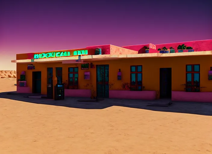 Image similar to realistic exterior photo of a mexican restaurant, vaporwave, in a flat barren desert. 15mm. Very detailed 8k. Sharp. Cinematic post-processing. Unreal engine. Nanite. Ray tracing. Parallax. Tessellation