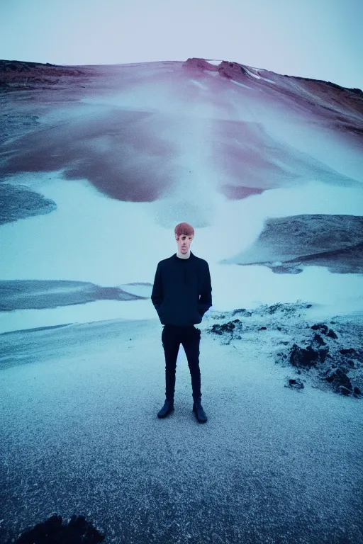 Prompt: high quality pastel coloured film mid angle selfie photograph of a young beautiful man standing in an icelandic black rock environment. atmospheric. three point light. photographic. art directed. pastel colours. volumetric light. stark. waves glitch. 8 k. filmic.