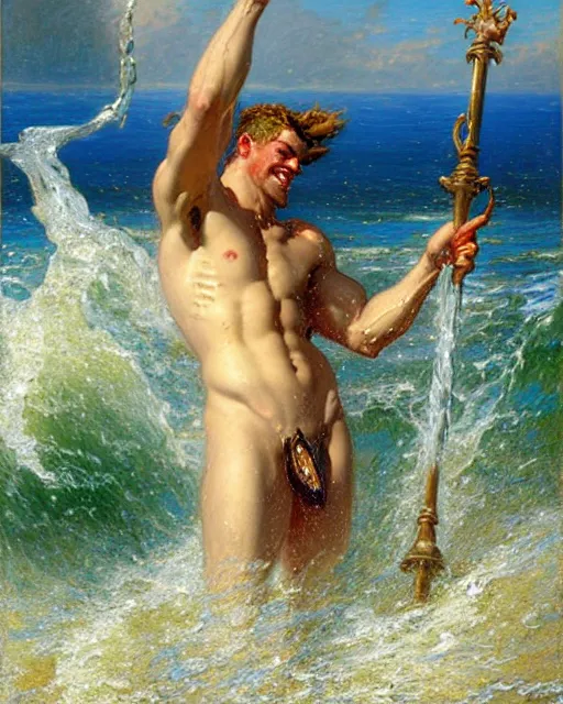 Image similar to attractive god neptune splashing water on handsome god poseidon during low tide at the beach, painting by gaston bussiere, craig mullins, j. c. leyendecker,