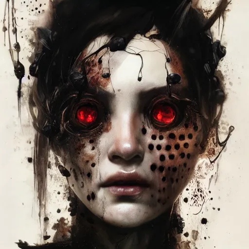 Image similar to portrait of a woman with long black hair and dozens of grubs on her face, coming out of holes in her skin, trypophobia, horror art, dramatic lighting, illustration by Greg rutkowski, yoji shinkawa, 4k, digital art, concept art, trending on artstation