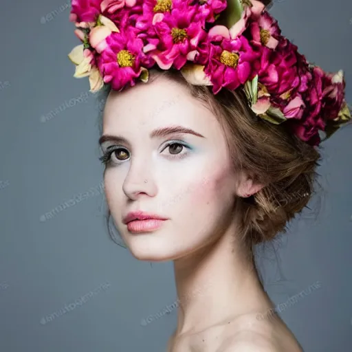 Prompt: a beautiful portrait of a female model with flower headpiece for photoshoot, photography