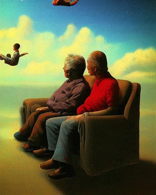 Image similar to old couple sitting on a couch in front of a boy flying in sky, psx game graphics , Beksinski painting