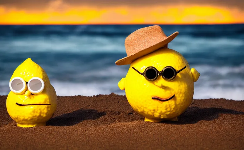 Image similar to 5 0 mm photograph, of a real anthropomorphic lemon character, unique style, with lemon skin texture, it is wearing a hat and scuba diving, building a sandcastle on the beach at sunset, beach, huge waves, sun, clouds, tropical trees, rim light, cinematic photography, professional, sand, sandcastle, volumetric lightening