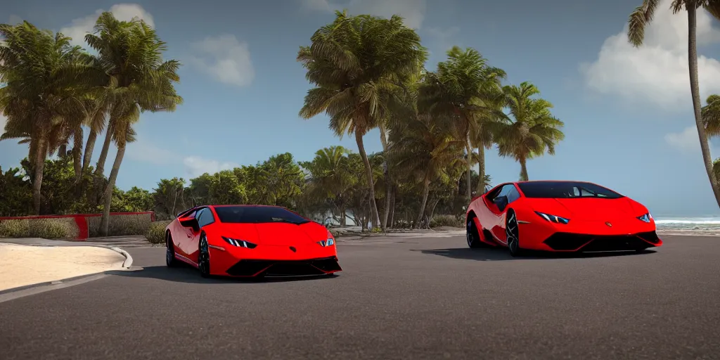 Prompt: red Lamborghini huracan!, unreal engine 5!, hyperrealistic!, cinema 4D!, dynamic lighting! Beach! Tropical paradise!, cinematic landscape!, studio landscape! Amazing ultra quality!