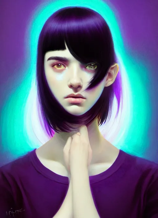 Image similar to portrait of teenage girl with white bangs, red irises, black hair, purple clothes, white bangs, bangs are different color from hair, intricate, front of hair is white rest is black, elegant, glowing lights, highly detailed, digital painting, artstation, concept art, smooth, sharp focus, illustration, art by wlop, mars ravelo and greg rutkowski