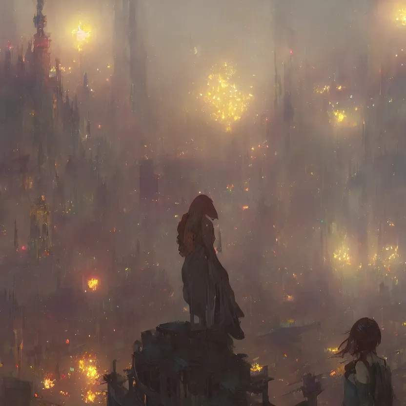 Prompt: firework festival at night, greg rutkowski, krenzcushart, nier automata enviroment concept art, makoto shinkai, alphonse mucha