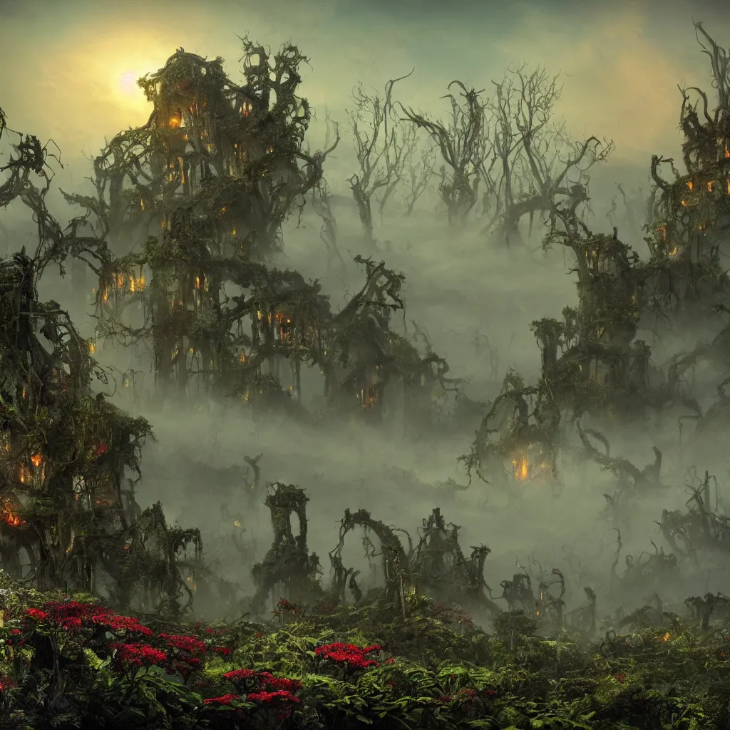 Prompt: An incredibly beautiful but ominous matte painting depicting a profusion of evil carnivorous vines and colorful flowers and lush exotic trees and bloated toadstools, with horrifying huge burning eyes and jagged bloody teeth, overgrowing a desolate ruins submerged in fog beneath the setting sun, nvidia, vray, evening, epic scale, octanerender