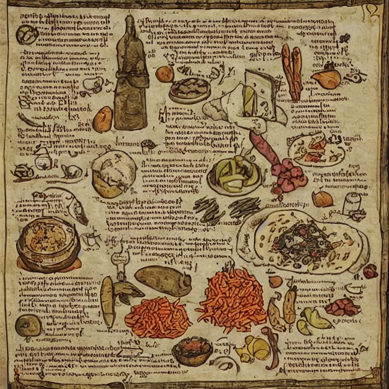 Image similar to middle age illustrated recipe for burrito ( ( ( ( burrito ) ) ) ) lot of medieval enluminures in the background explaining the recipe, schematic in a notebook