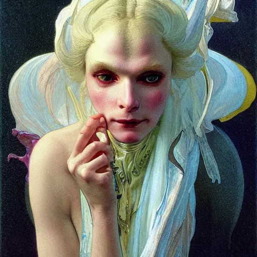 Image similar to closeup painting of uncannily beautiful androgynous albino wearing rococo byzantine clothes and face paint, science fiction by j. c. leyendecker, bosch, alphonse mucha, greg rutkowski, and beksinski