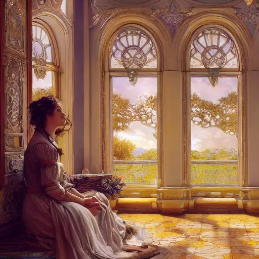 Prompt: a very detailed portrait painting of Isabelle, a very detailed french room, a very detailed dramatic sky, light particles, environment drawn by Donato Giancola and Tom Bagshaw, Edmund Leighton, character design by Alphonse Mucha, 4k, volumetric lighting, komorebi, award winning, octane render, hyperrealistic