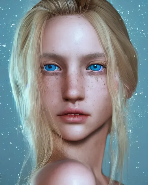 Prompt: portrait of a pretty russian girl, blue eyes, freckles, blonde hair, half korean, au naturel, hyper detailed, digital art, trending in artstation, cinematic lighting, studio quality, smooth render, fluorescent skin, unreal engine 5 rendered, octane rendered, art style by klimt and nixeu and ian sprigger and wlop and krenz cushart