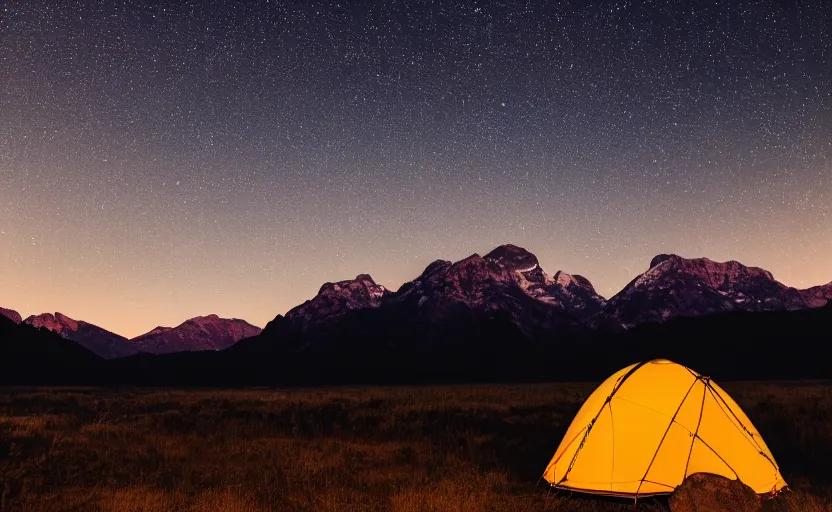 Prompt: night photography of a tent with mountains in the background