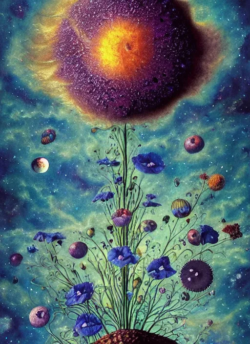 Image similar to detailed, intricate blue black and purple papaverum flower on the field, nebula, galaxy in the sky, winning award masterpiece, fantastically beautiful, illustration, aestheticly inspired, jacek yerka, upscale with anguissola sofonisba work, artstation, 8 k