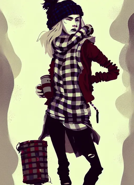 Image similar to highly detailed portrait of a sewer punk lady student, beanie, tartan scarf, wavy blonde hair by atey ghailan, by greg rutkowski, by greg tocchini, by james gilleard, by joe fenton, by kaethe butcher, gradient red, black, brown and cream color scheme, grunge aesthetic!!! white graffiti tag wall background