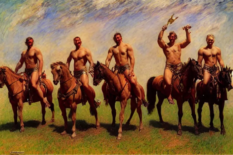 Prompt: the four horsemen of the apocalypse, painting by tom of finland, gaston bussiere, craig mullins, j. c. leyendecker, claude monet