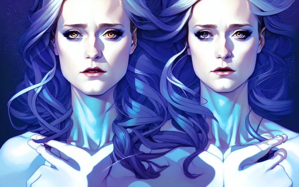 Image similar to artgerm, joshua middleton comic cover art, full body pretty evan rachel wood ice queen, symmetrical eyes, symmetrical face, long curly blue hair, icy forest, chiral lighting