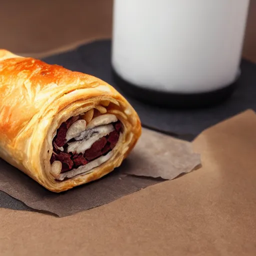 Image similar to ceaseless watcher, turn your gaze upon this wretched greggs sausage roll, horror, photograph