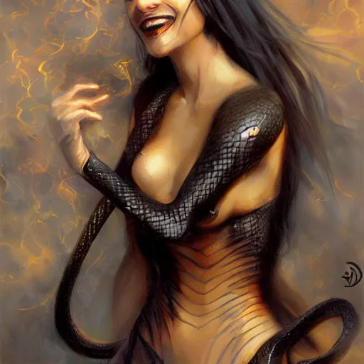 Prompt: snake woman hybrid, long, black scales, bright amber eyes, chest coverd, scales on her chest, smileing happy, cinematographic shot, by daniel f. gerhartz