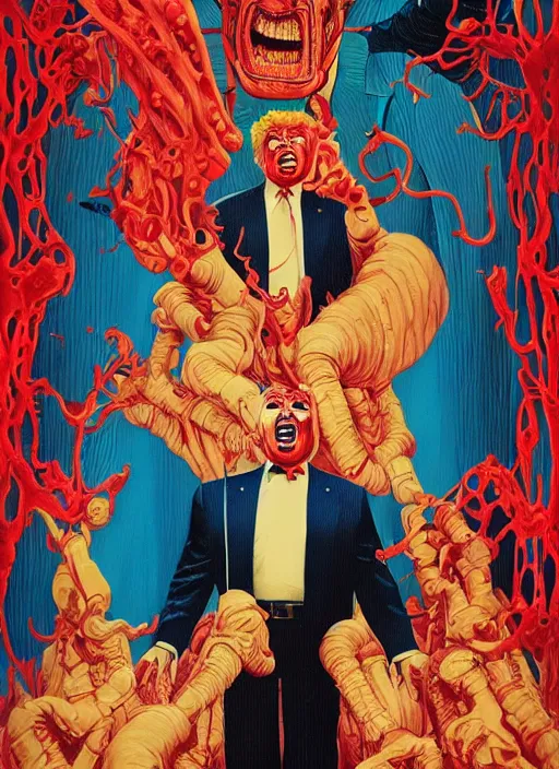 Image similar to donald trump is a disgusting clown, grotesque, horror, high details, intricate details, by vincent di fate, artgerm julie bell beeple, 1 9 8 0 s, inking, vintage 8 0 s print, screen print