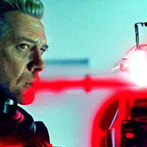 Image similar to movie still of a villain cyborg, facial expression, cinematic composition, cinematic light, surreal cinema, by edgar wright and david lynch,