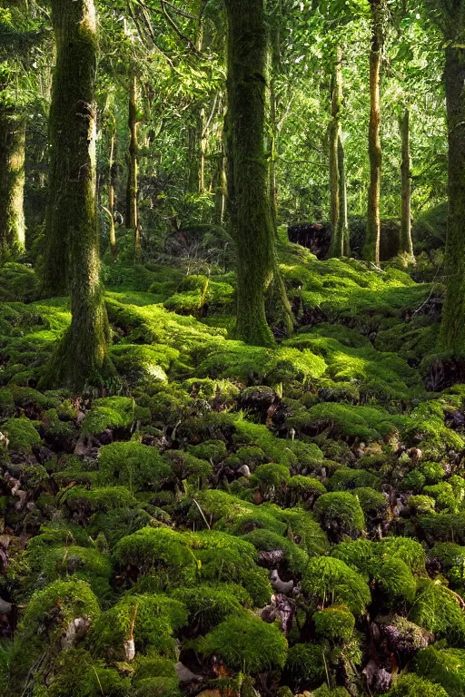 Prompt: lush biennial mushroom forest, evergreen trees, forest floor moss, shimmering radiant light, baroque rococo