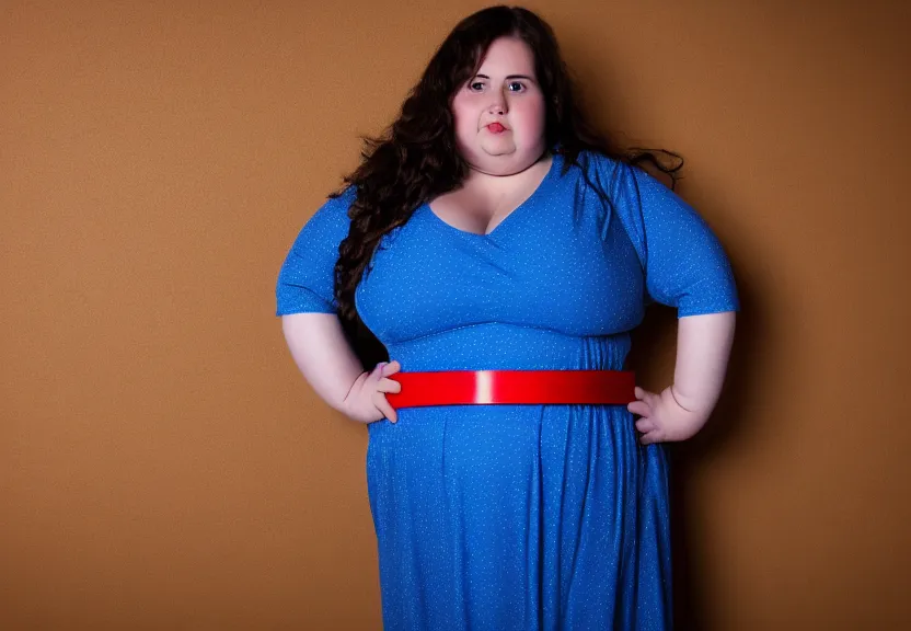 Prompt: An obese woman with long wavy brunette hair wearing a blue dress with a red belt, cinematic, photo, 8k