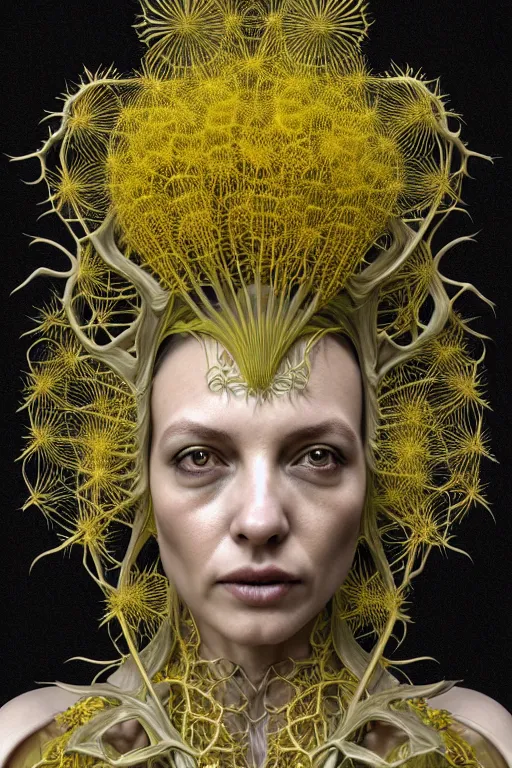 Image similar to intricate hyper detailed ultra sharp 3 d render of a witch profile portrait, 1 5 0 mm art nouveau, haute couture alexander mcqueen leaves stems dahlia transparent fractal dandelion yellow pistil filigree roots, intricate details, anatomical, flesh ornate, facial muscles, cable wires, elegant, hyper realistic, ultra detailed, octane render, volumetric cinematic lighting, 8 k post - production