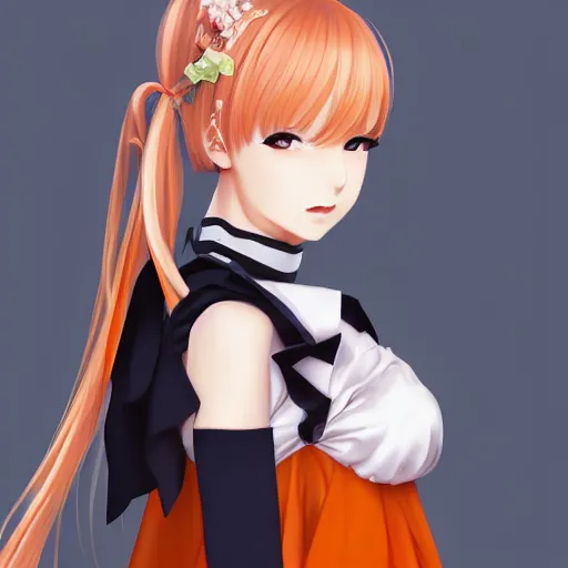 Image similar to luxury advertisement, astonishing portrait of a very beautiful anime high-school girl with light orange hair twintails, white ribbon, full perfect face, realistic, highly detailed background, artstation, 120 degree view, drawn by Sasoura, Satchely and Akihiko Yoshida, no distortion