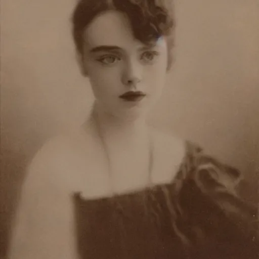 Image similar to headshot edwardian photograph of elle fanning, lily collins, scarlett johansson, 1 9 2 0 s film actress, realistic face, 1 9 1 0 s, grainy, victorian, soft blur