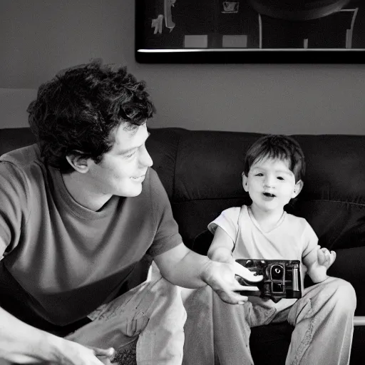 Image similar to baby mark zuckerberg and john mayer playing nintendo with their parents and their best friends look on. 3 k, depth of field, bokeh