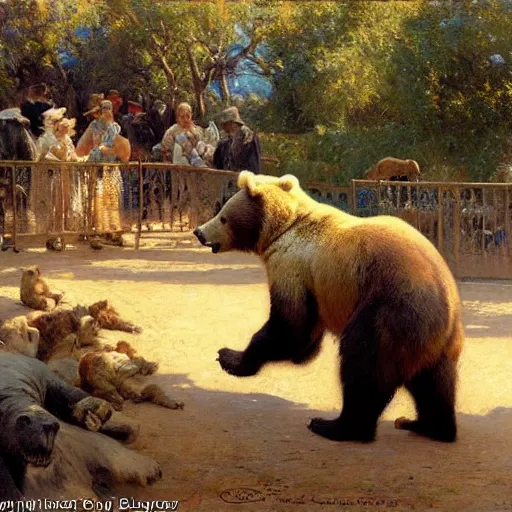 Prompt: a bear at a busy zoo, highly detailed painting by gaston bussiere, craig mullins, j. c. leyendecker