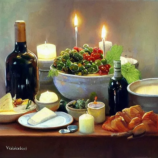 Image similar to a table full of traditional Swedish food, candles, wine, schnapps, pork, cheese, painting by Vladimir Volegov