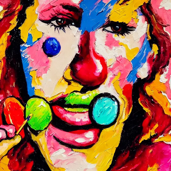 Image similar to portrait of beautiful woman licking a lollipop painted with colorful gouache impasto