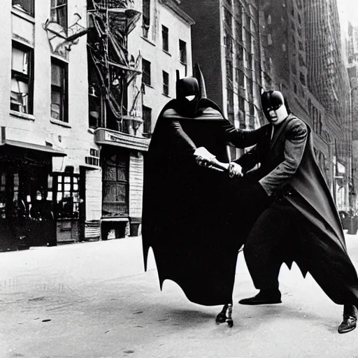 Image similar to old black and white photo, 1 9 2 5, depicting batman fighting a mafia boss in an ally of new york city, rule of thirds, historical record