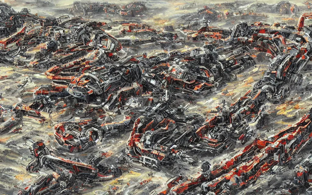 Image similar to giant robot centipede travelling across a broken landscape